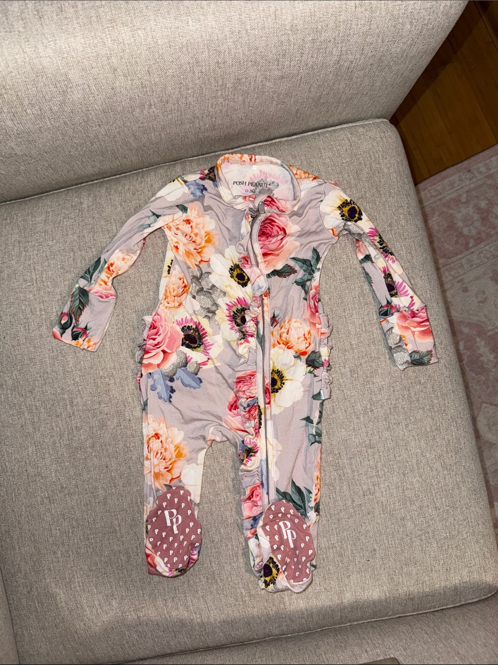 Posh Peanut Floral Zip-Up Footed One-Piece in Blush Pink
